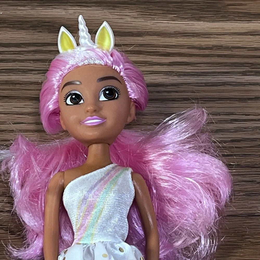 Unicorn Fashion Doll Pink‎ Hair Rainbow Dress Gold Polka Dots ZR-06